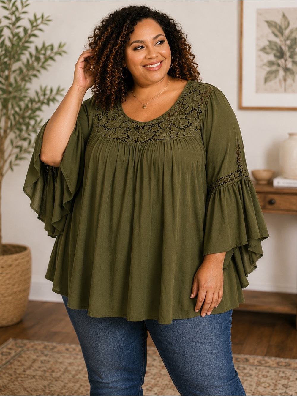 Lane Bryant 22/24 Olive Green Boho Lace Front Tunic Blouse
